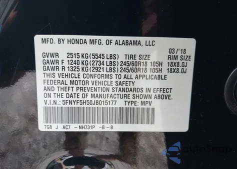 2018 Honda Pilot Exl z USA, uszkodzony, nr VIN 5FNYF5H50JB015177